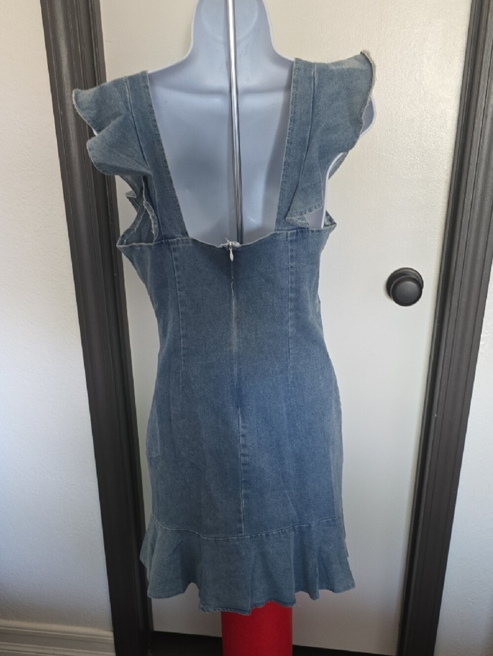 Denim Ruffle Hem Sleeveless Dress - Light Blue - Picture 4 of 4